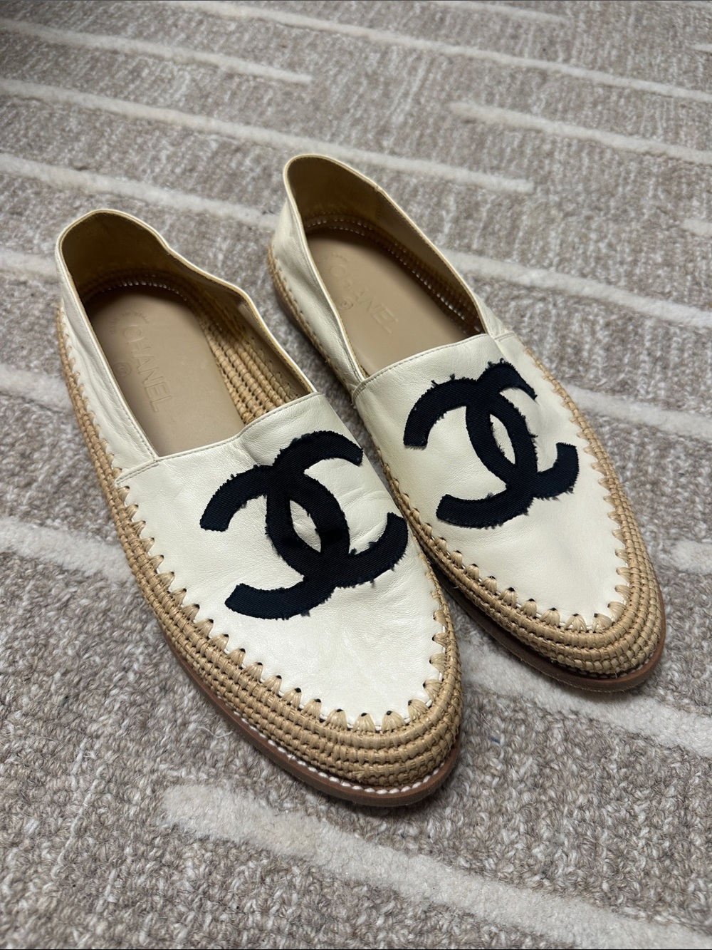 CHANEL Cream Leather Espadrille Flats with Black CC Embroidered Logo